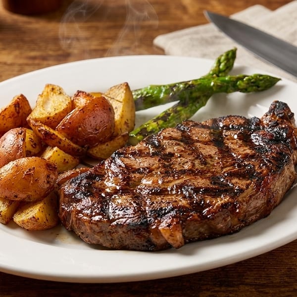 Steaming grilled steak with roasted potatoes and asparagus on a white plate on a wooden table.