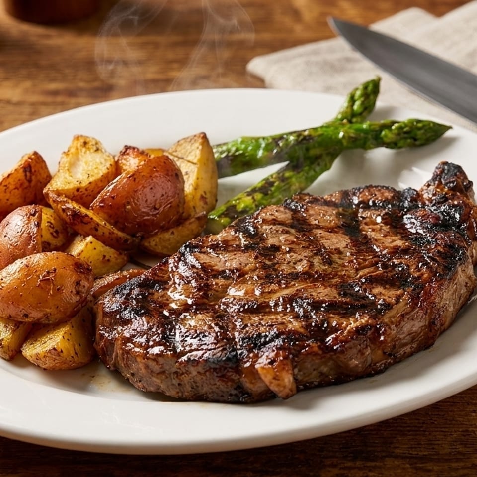 Steaming grilled steak with roasted potatoes and asparagus on a white plate on a wooden table.