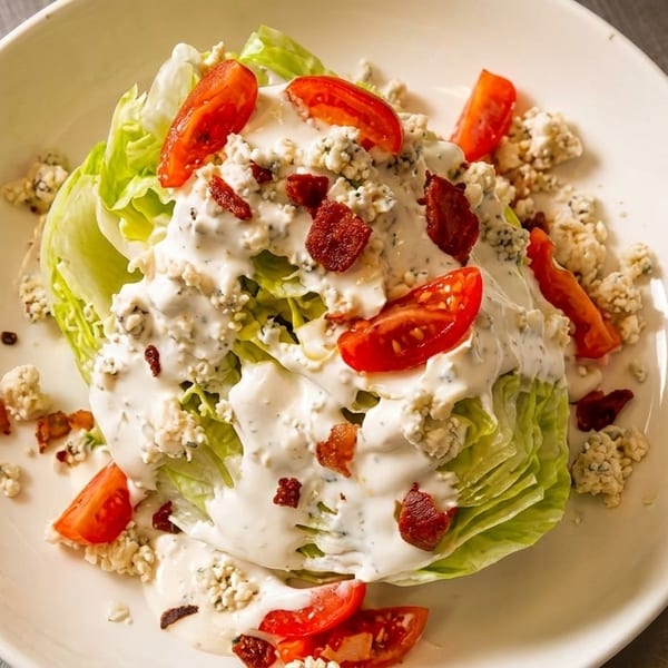 Wedge salad with blue cheese dressing, bacon bits, and cherry tomatoes on a white plate.