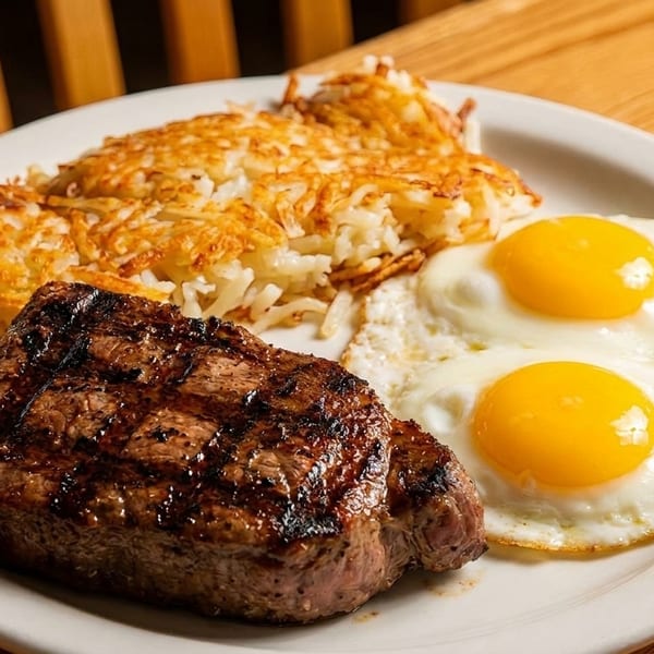 Grilled steak, two sunny-side-up eggs, and hash browns on a white plate.