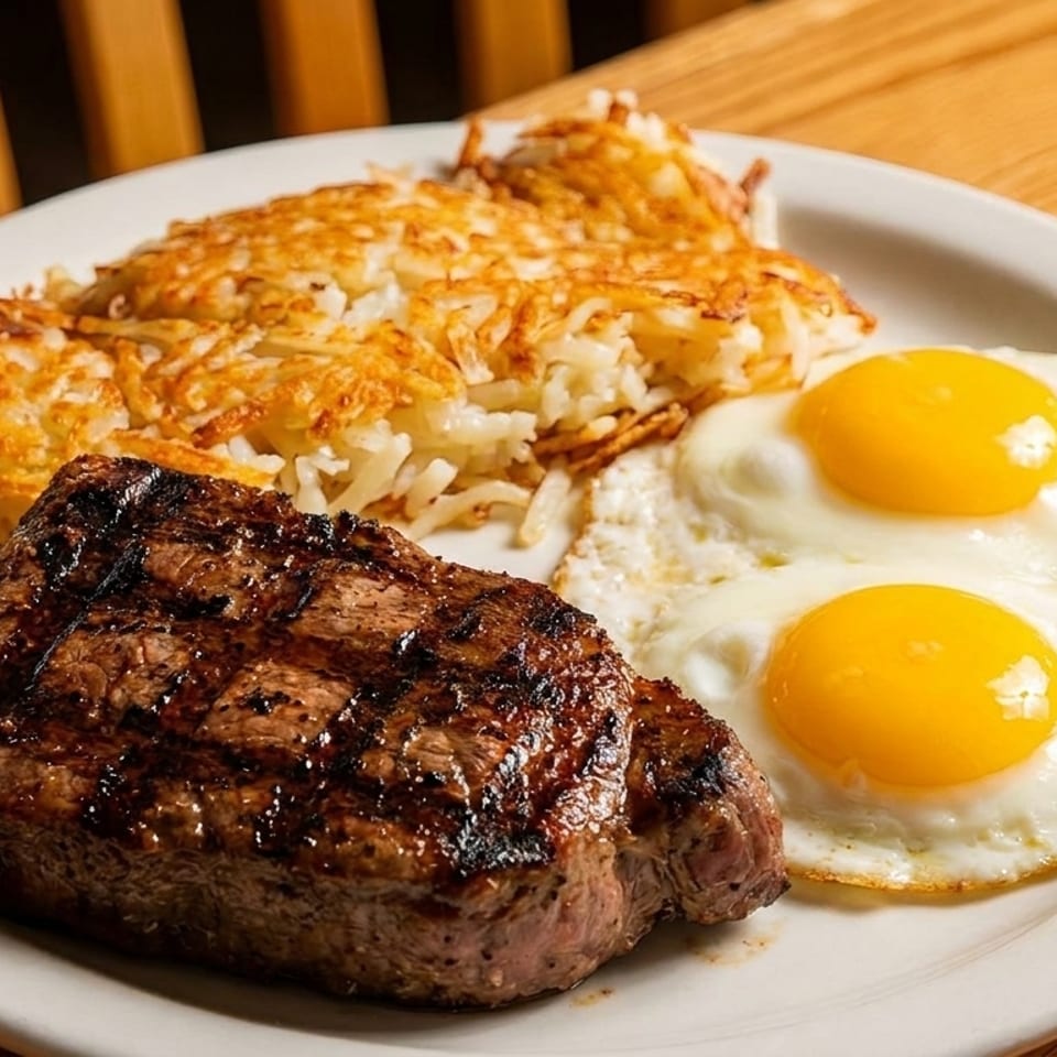 Grilled steak, two sunny-side-up eggs, and hash browns on a white plate.