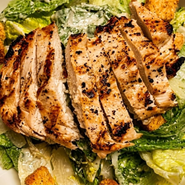 Grilled chicken Caesar salad with romaine lettuce, croutons, and creamy dressing in a white bowl.