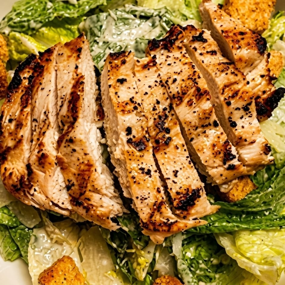 Grilled chicken Caesar salad with romaine lettuce, croutons, and creamy dressing in a white bowl.