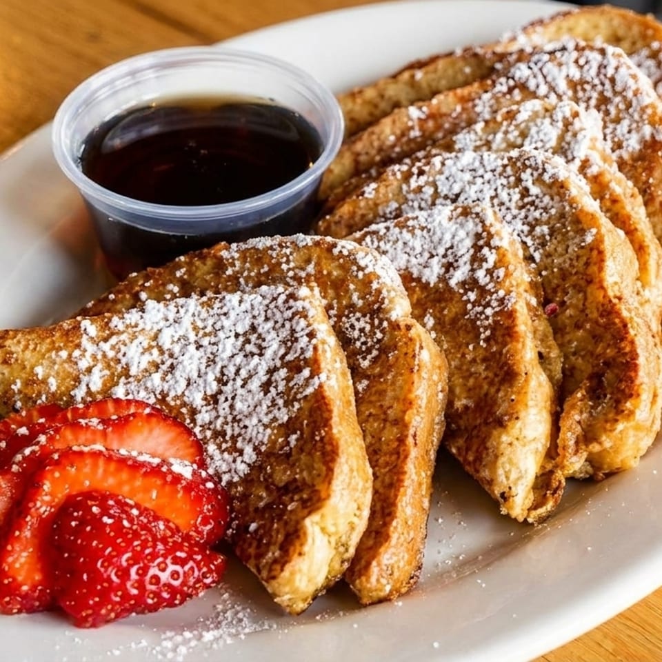 French toast slices with powdered sugar, sliced strawberries, and a side of syrup on a white plate.