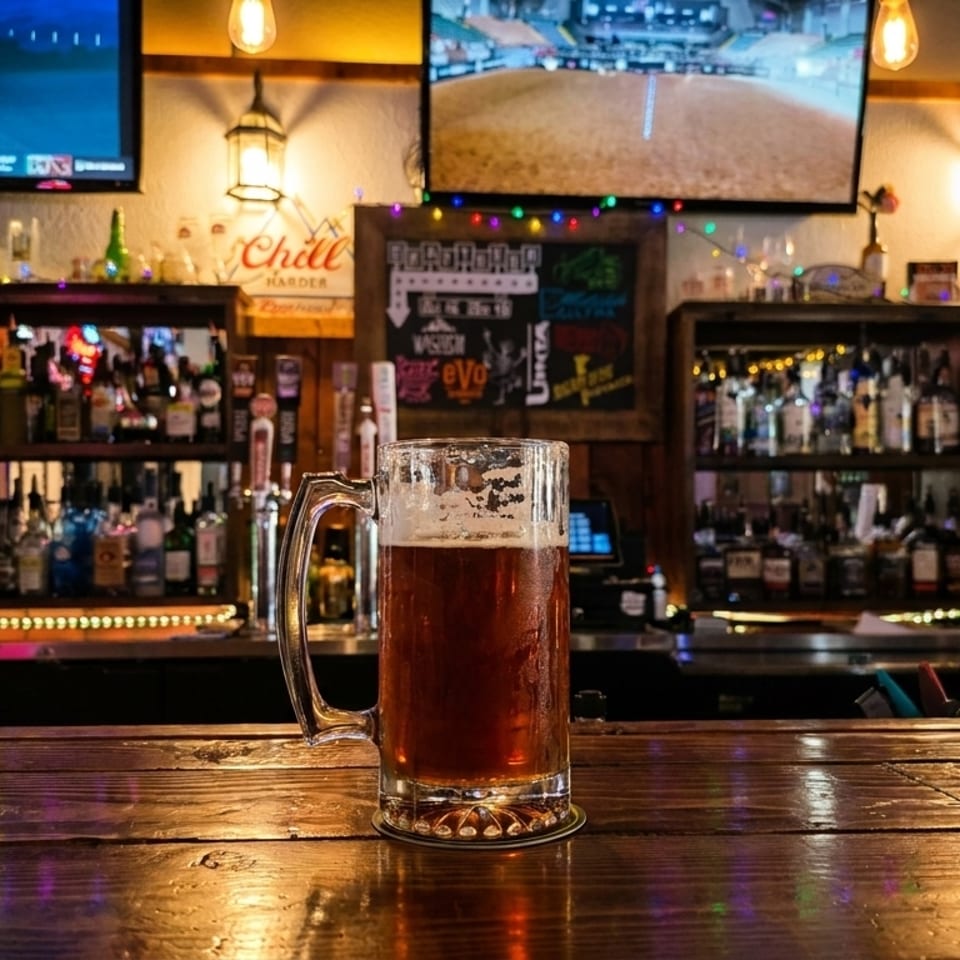 A beer mug sits on a wooden bar counter in a lively pub with TVs and liquor bottles.