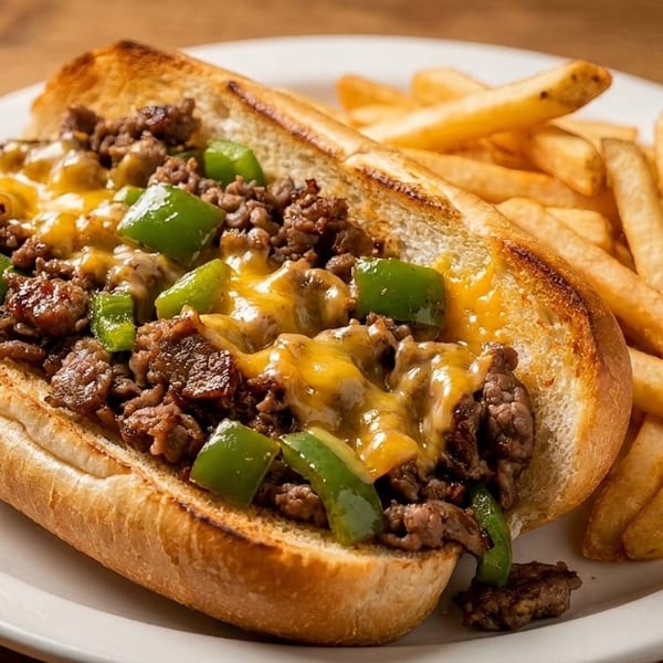 Cheesesteak sandwich with melted cheese, green peppers, and steak, served with french fries.
