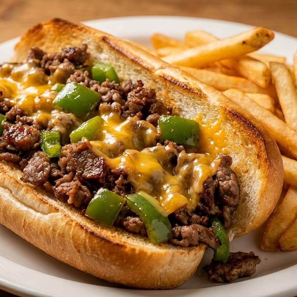 Cheesesteak sandwich with melted cheese, green peppers, and steak, served with french fries.